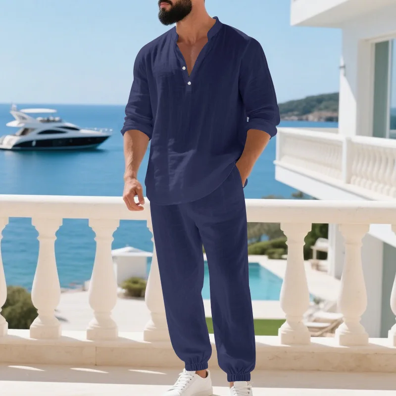 2025 Autumn New Men's Suit Loose Linen Casual Trendy Men's Hawaiian Home Commuting Henley Shirt Long Sleeve Long Pants2Set