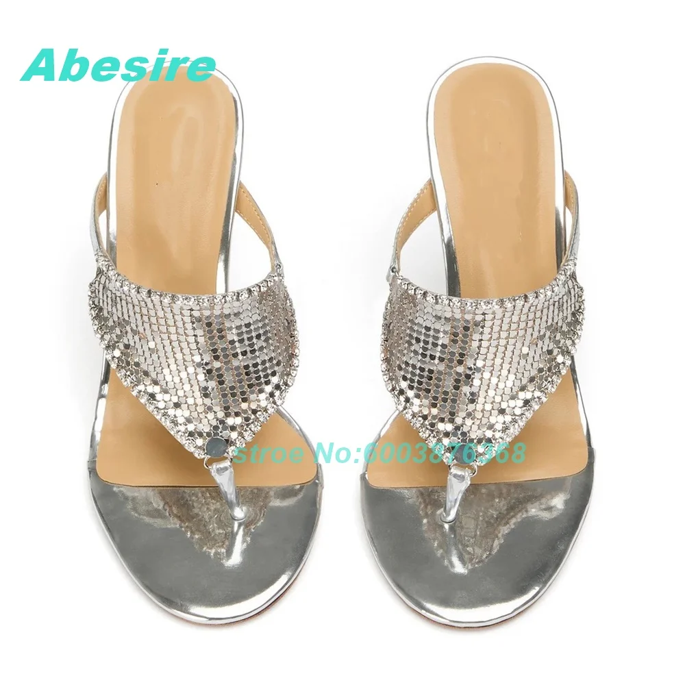 Silver Bling Rhinestone Mule Slippers Clip Toe Slip-On Stiletto Heels Women's Slippers Elegant Outside Party Fashion Show Shoes