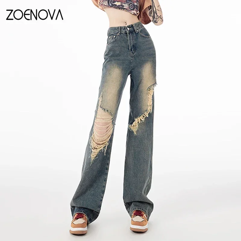 ZOENOVA Amerikanische Retro-Sommer-Jeans mit dünnem, geradem Bein und locker drapiertem, hoher Taille, schmale Jeans mit weitem Bein, künstlerischer High-Street-Stil