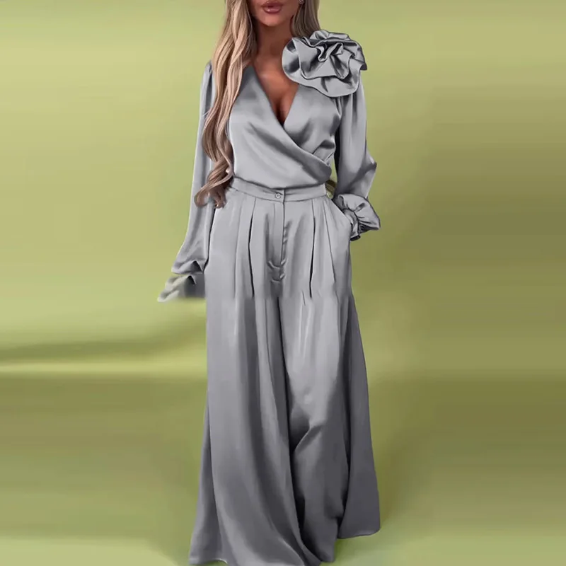 

Office Ladies Solid Loose Two Piece Sets Spring Elegant Floral Patchwork Satin Suit Casual V-neck Long Sleeved Top+Pants Outfits