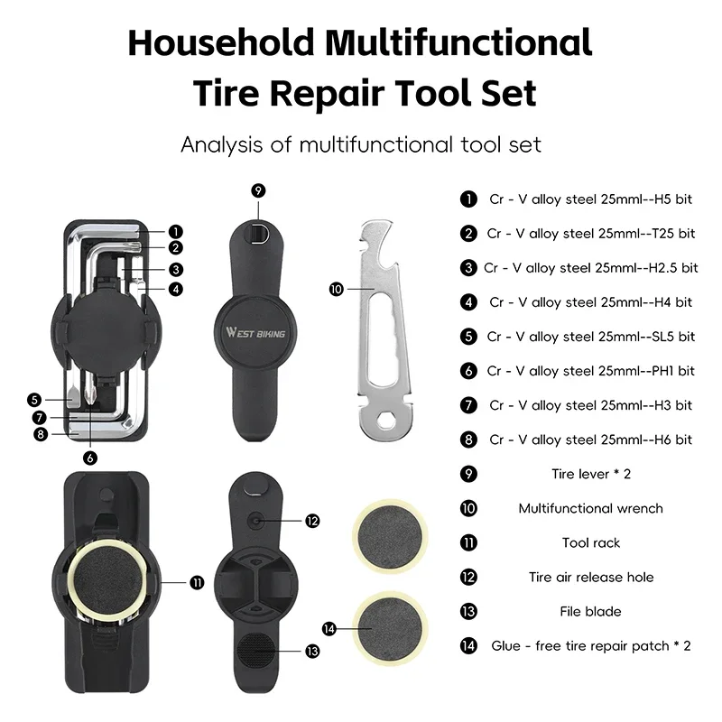 

Professional Cycling Multi-Tool with Tire Patches Rotary Buckle Portable Repair Kit for Bicycle Maintenance Bicycle Tools