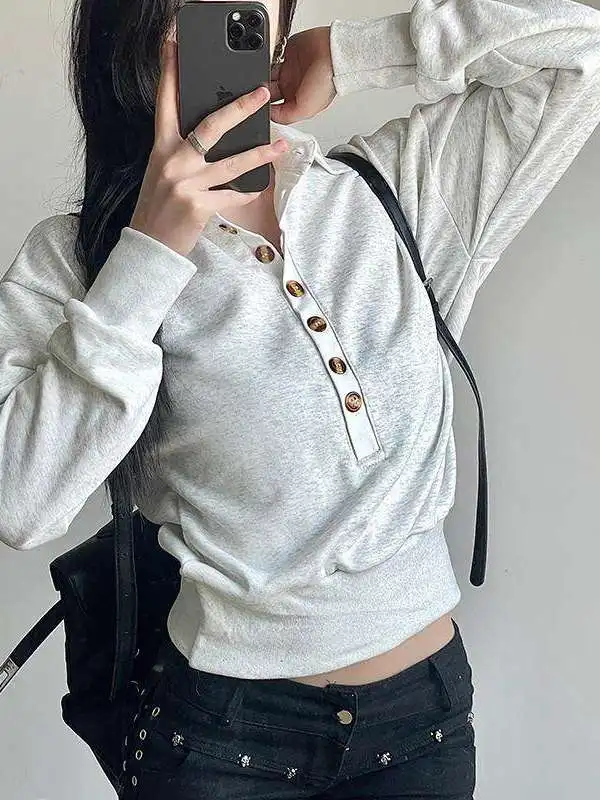 Women Grey T-shirt Harajuku Korean Y2k Tees Top Vintage 90s Aesthetic Long Sleeve T-shirt 2000s Trashy Fashion Clothes 2026