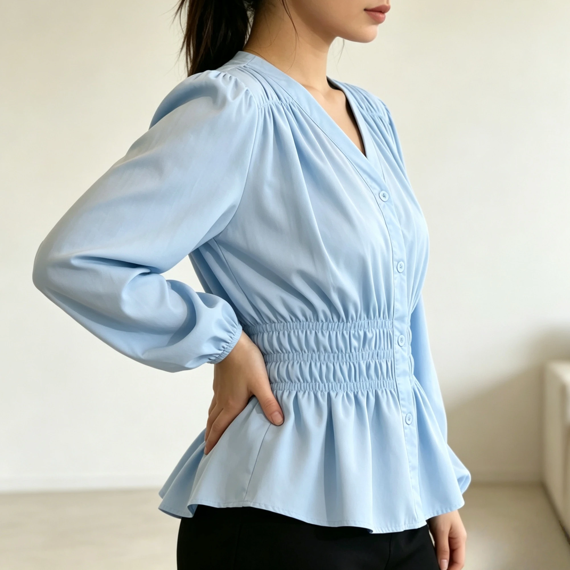 Übergröße 200 Pfund Bürodamen-Hemd & Bluse Herbst Elegantes Basic-Oberteil V-Ausschnitt Elastische Taille Damenkleidung Französisch-Schick Koreanisch – Detail 4