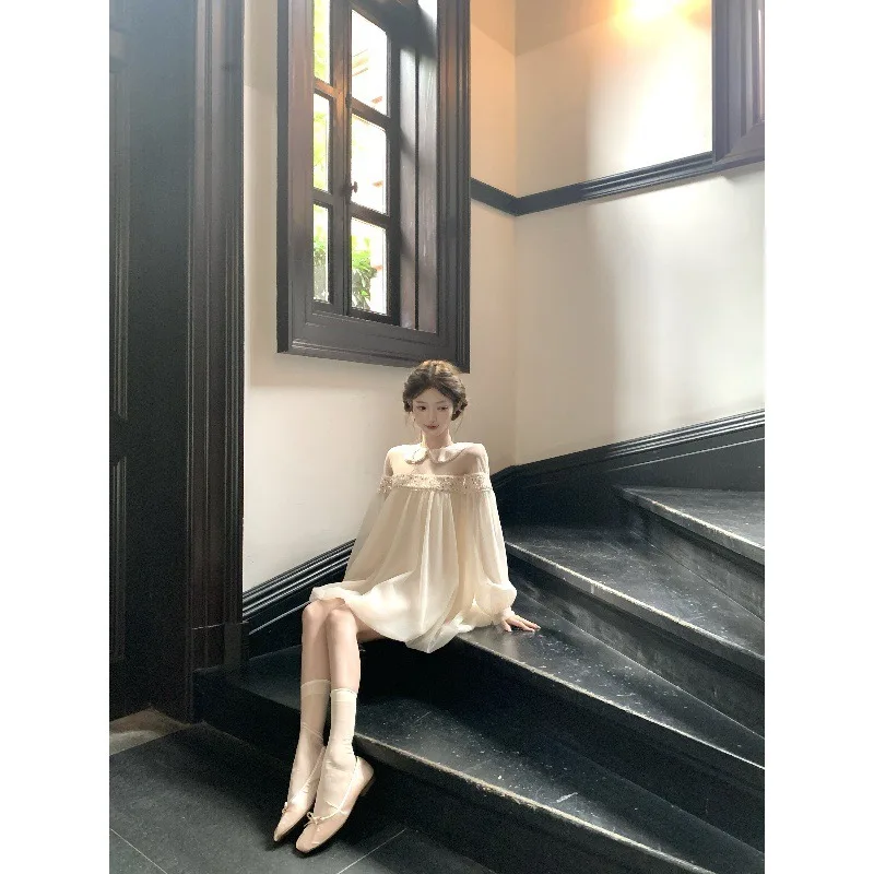 Mid-length Baby Collar Beaded Mesh Long-sleeved Flower Bud A-line Dress New French Sweet Dress for Women's Spring Autumn Fashion