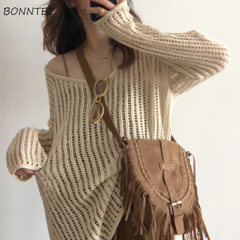 Pullovers Women Holes Fashion Autumn Outerwear Vintage Casual Loose Slash Neck Long Sleeve Knitted Sweaters Side-slit Hollow Out