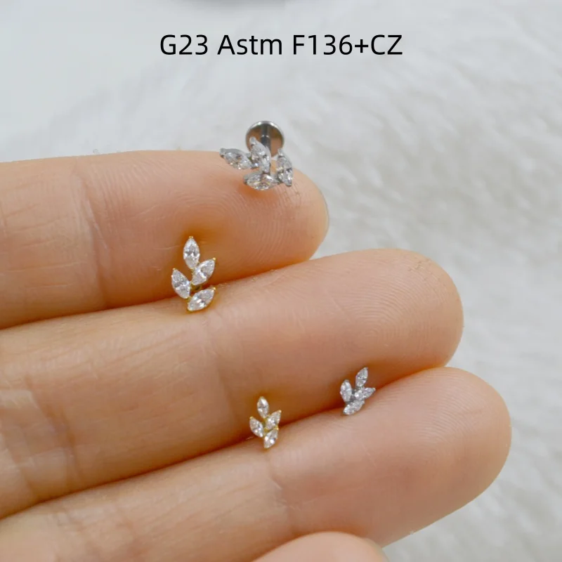 LOT10pcs  G23 Titanium Piercing Astm F136 Leaf CZ Lip Labret Ring Bar Lip Piercing Ear Helix Bar Piercing Jewelry New Shine