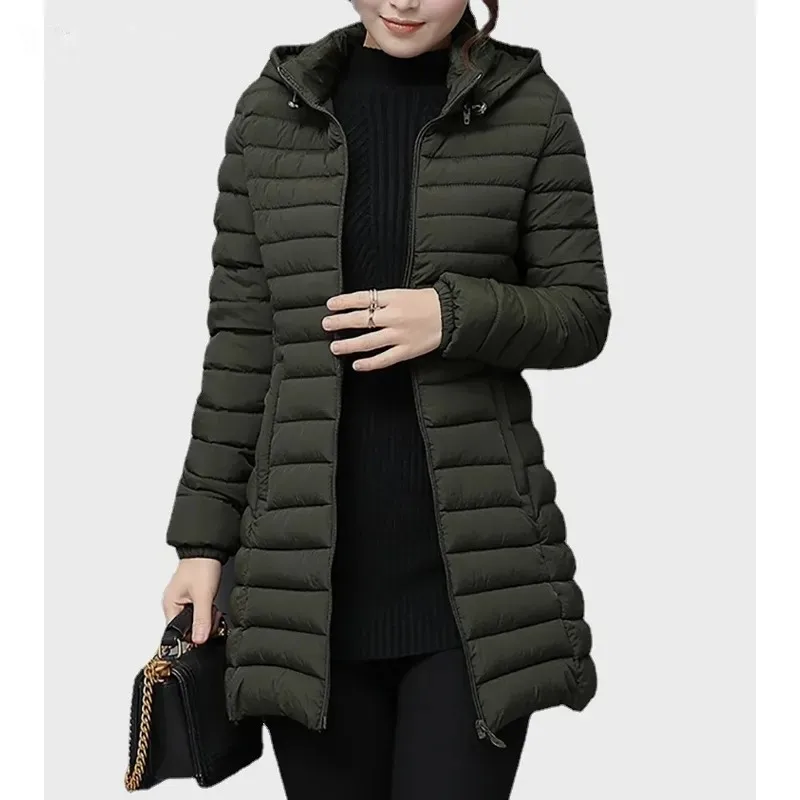 Women's Lightweight Padded Jacket Mid-Length Winter Coat with Pockets Quilted Jackets Removable Hood Parkas Slim Warm Outwear