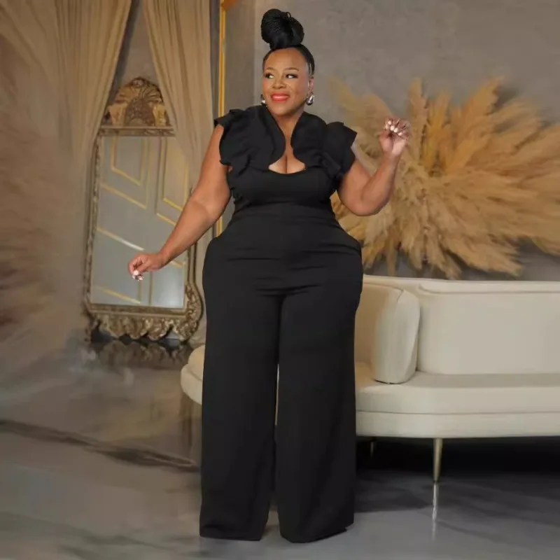 

KEXU Plus Size Women V-Neck Sleeveless Wide Leg Jumpsuits 2024 Streetwear Evening Party Chic Playsuits One Piece Suit Rompers