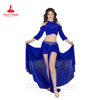 Conjunto de traje de danza del vientre para mujer, Top de gasa de media manga + falda dividida con piedras AB para personas mayores, traje de danza del vientre Oriental para adultos, 2 uds.