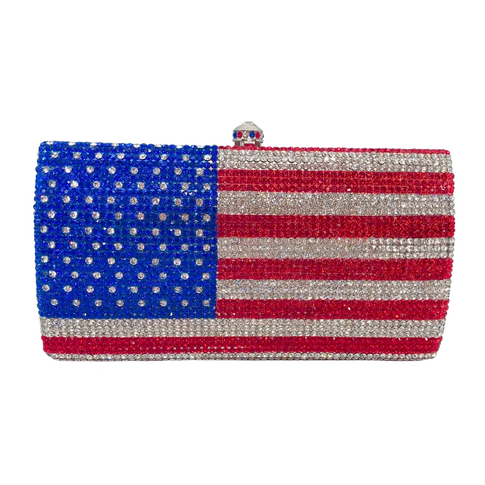 

Factory Wholesale Liner Full Rhinestone Crystal Handmade Bridal Party Ladies Clutch Bag Flag Shape Dinner Bag