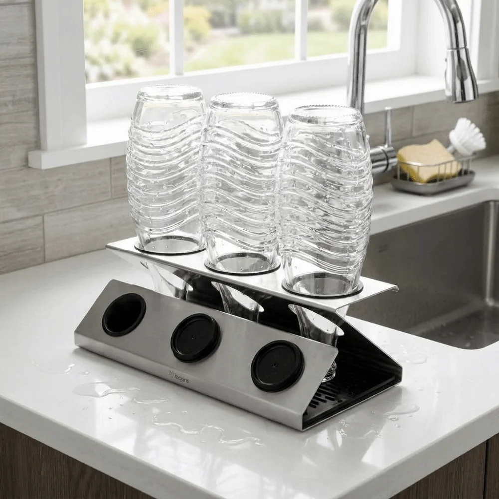 

Practical Stainless Steel Soda Bottle Drain Rack 3-hole Silver Bottle Drying Rack with Brush Soda Bottle Drainer for Kitchen