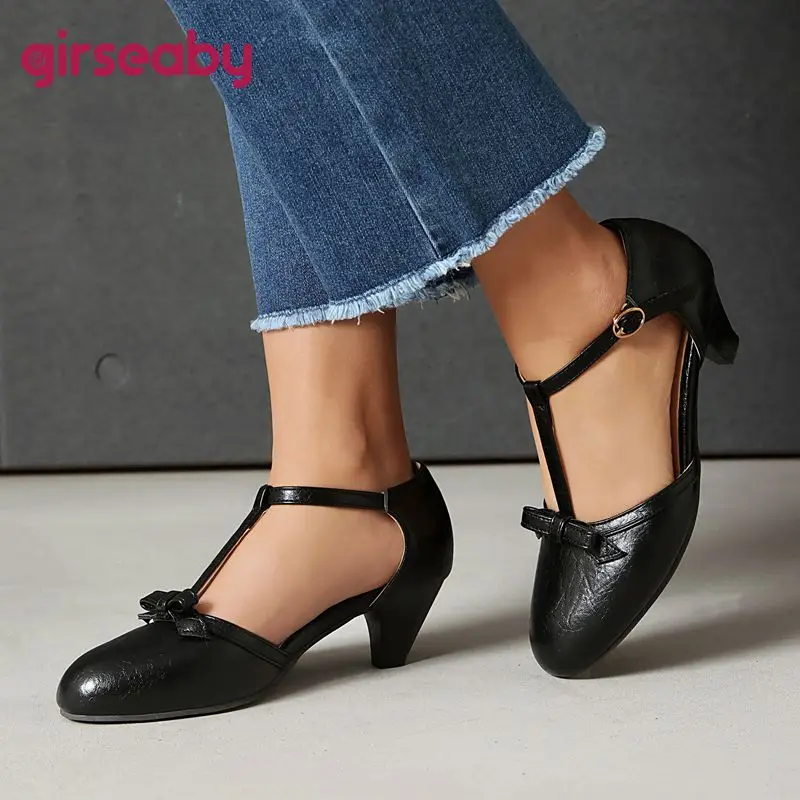 

Женские белые сандалии Girseaby с круглым носком, на низком каблуке 5 см, с пряжкой, Т-образным ремешком и бантом, большие размеры 41, 42, 43, туфли-мэри-джейн, обувь