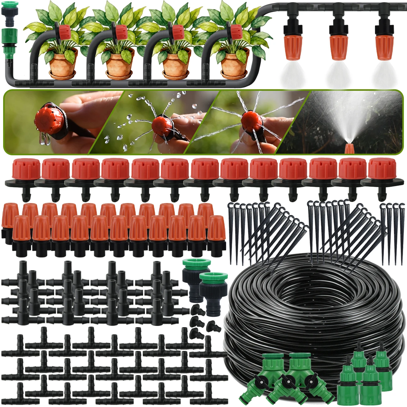 Garden Drip Irrigation System DIY Automatic Watering Kit 1/4'' Hose Adjustable Dripper & Misting Nozzle Water Saving Bonsai