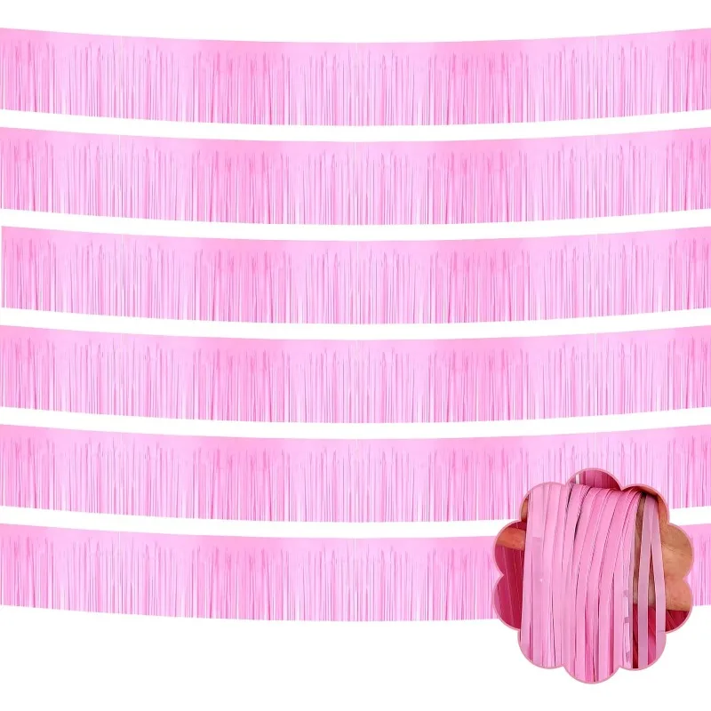 6Pcs 10 Feet Macaron Pink Baby Shower Foil Fringe Garland Tinsel Streamer Banner Wall Hanging Curtain Girls Birthday Party Decor