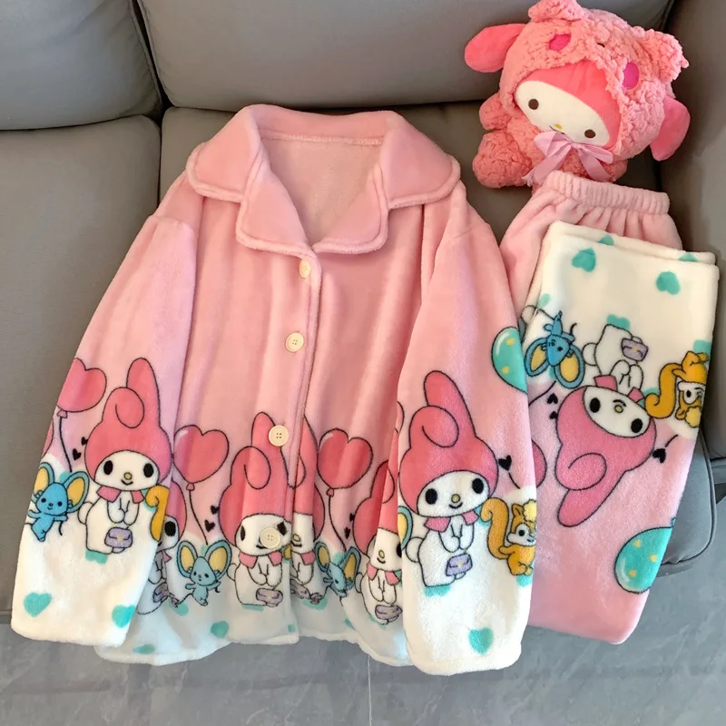 Sanrio My Melody Coral Fleece Pajamas Autumn Winter Thickened and Flannel Long Sleeved Home Clothes High-Quality Gift for Girls