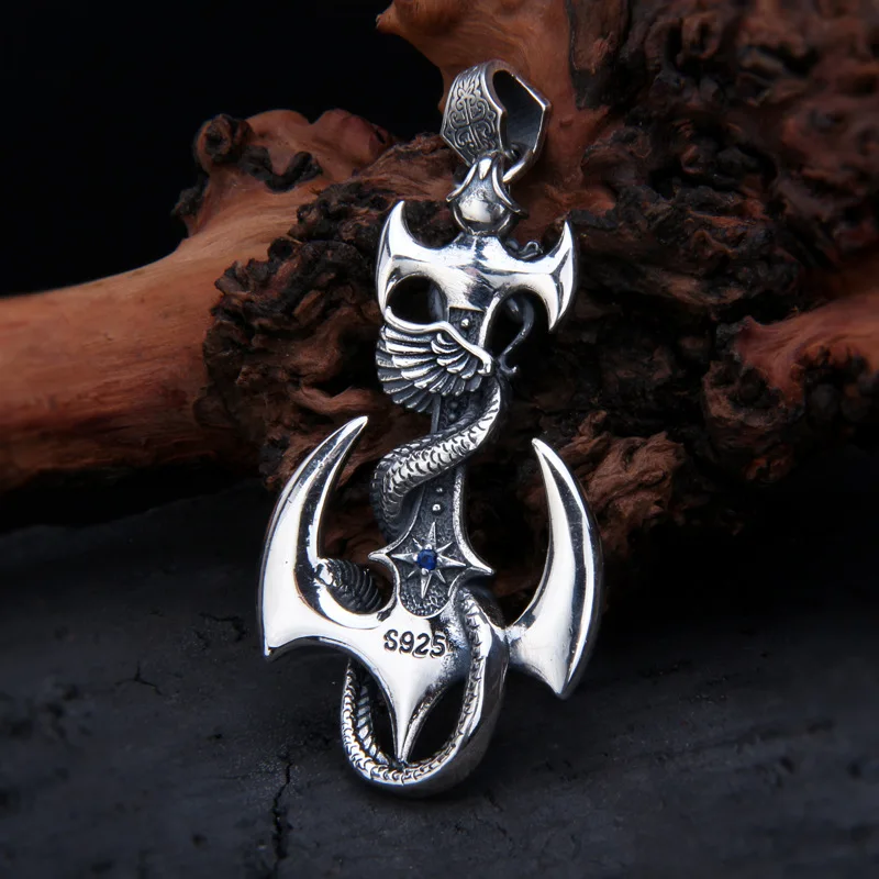 BOCAI S925 Sterling Silver Pendants for Women Men New Fashion Hollow Spirit-snake Anchor Zircon Punk Jewelry Free Shipping