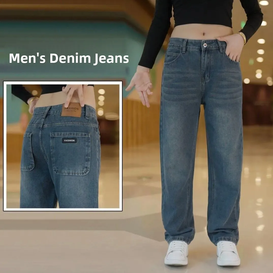 

Свободные удобные мужские джинсы с прямыми штанинами, модные драпированные мужские брюки большого размера, повседневные универсальные летние джинсы, хлопковые эластичные...
