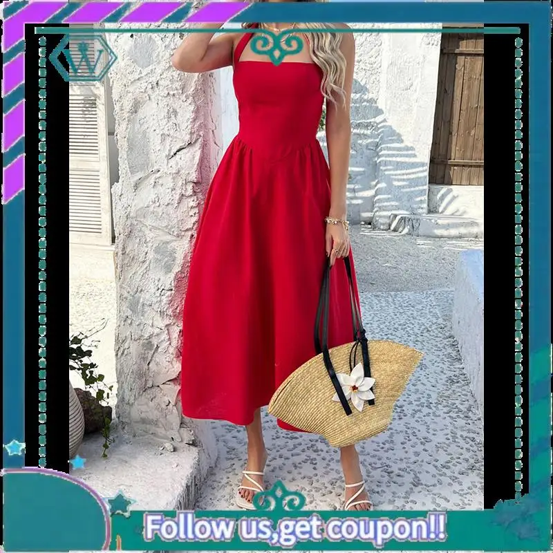 A09P Women Summer Sleeveless Halter Maxi Dress Sundress 2025 Casual Flowy Wedding Guest Cocktail Beach Vacation Dresses
