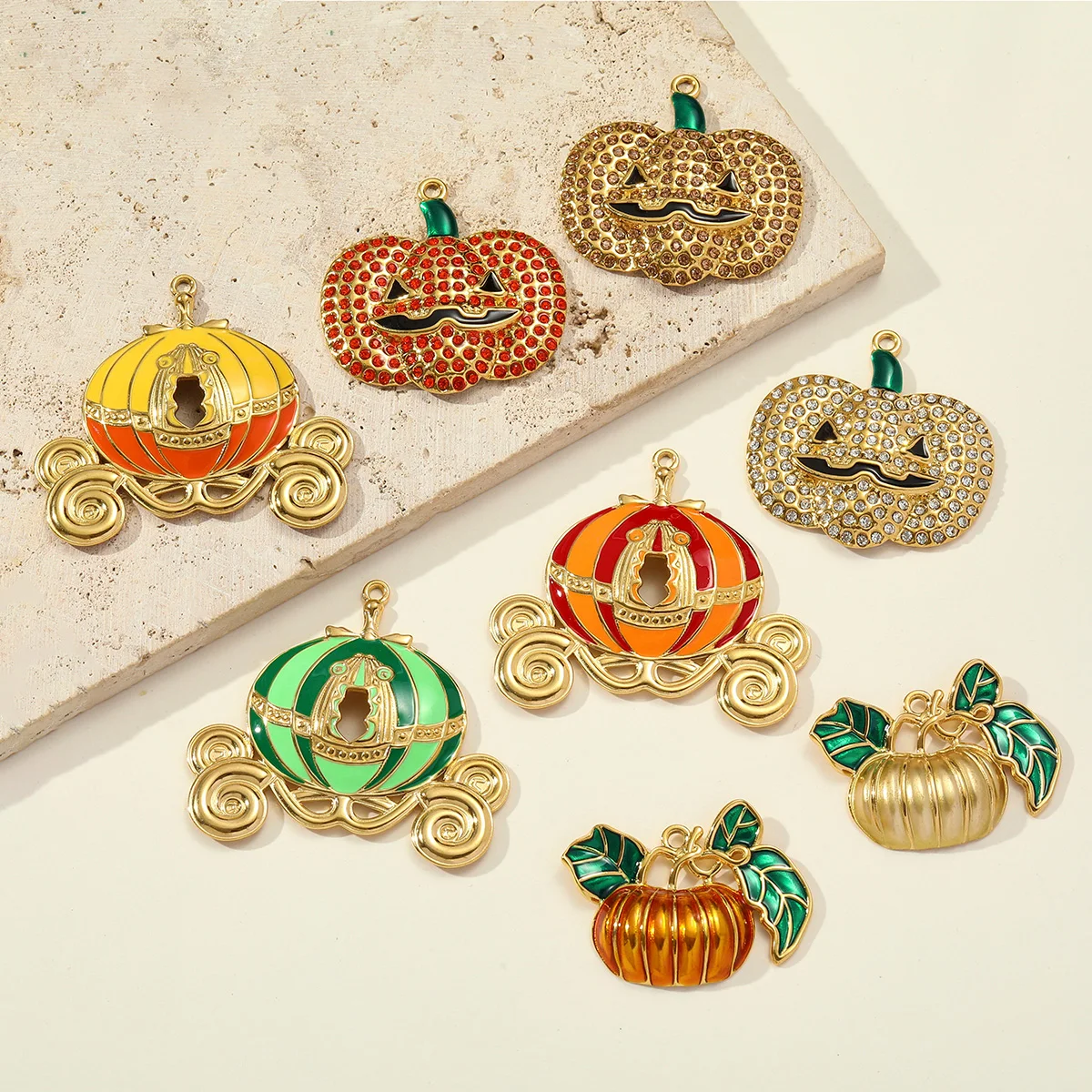 3pcs/Lot Retro Stainless Steel Rhinestone Jack-O-Lantern Necklace Pendant Enamel Carriage DIY Charm Women Halloween Jewelry