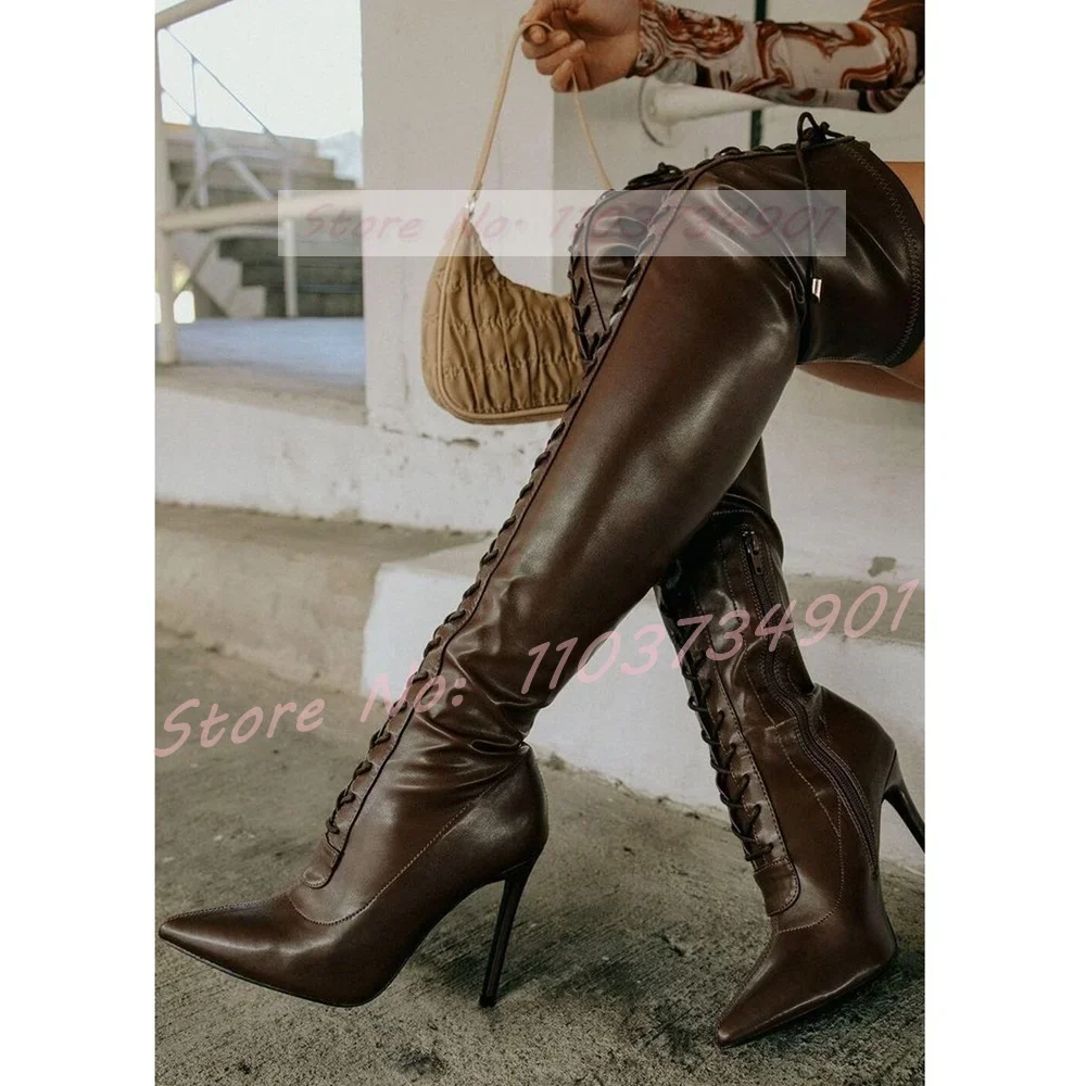 Brown Lace Up Pointy Toe Crotch Boots Ladies Trendy Slim Zipper Stiletto High Heels Boots Women Party Elegant Casual Retro Shoes
