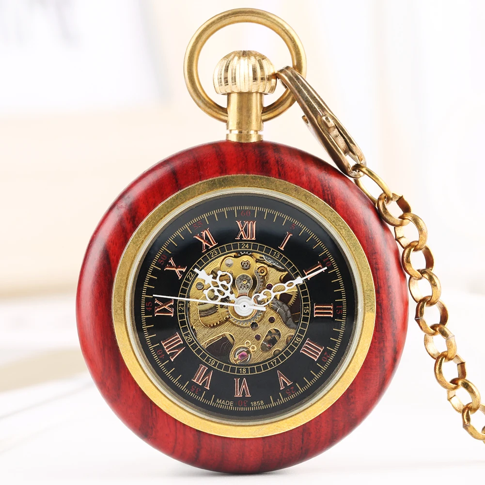 Vintage Red Wood Roman Numerals Display Mechanical Hand Winding Pocket Watch Men Luxury Manual Mechanial Pendant Pocket Clock