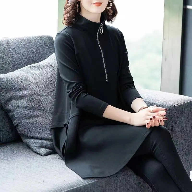 2022 New Zipper Half Open O Neck Solid T Shirt Women Autumn Winter Long Sleeve Hoodie Shirt Loose Korean Style Pocket Tunic Tops