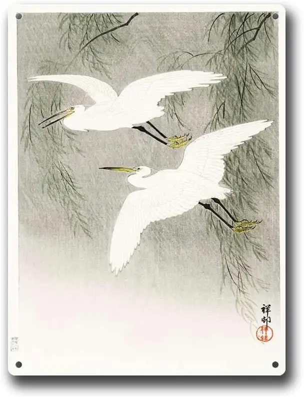 Metal Aluminum Signs Little Egret Animal Art In Flight Vintage Japanese Ukiyoe Tin  Sign-alumin