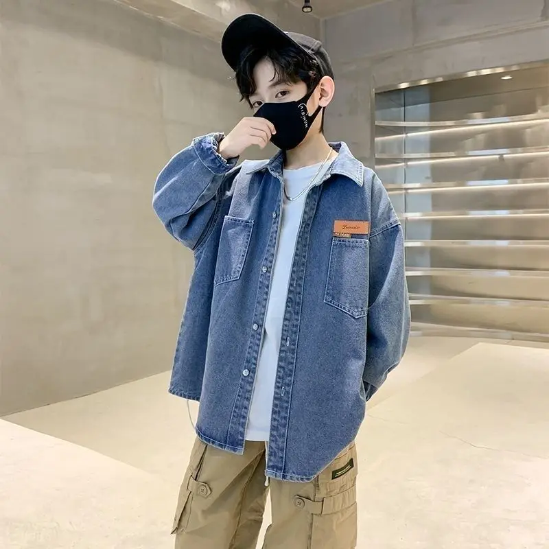 

2025 Spring Autumn Boy's Stylish Denim Shirt Casual Jacket for Medium & Large Kids, Long Sleeve Cool Design