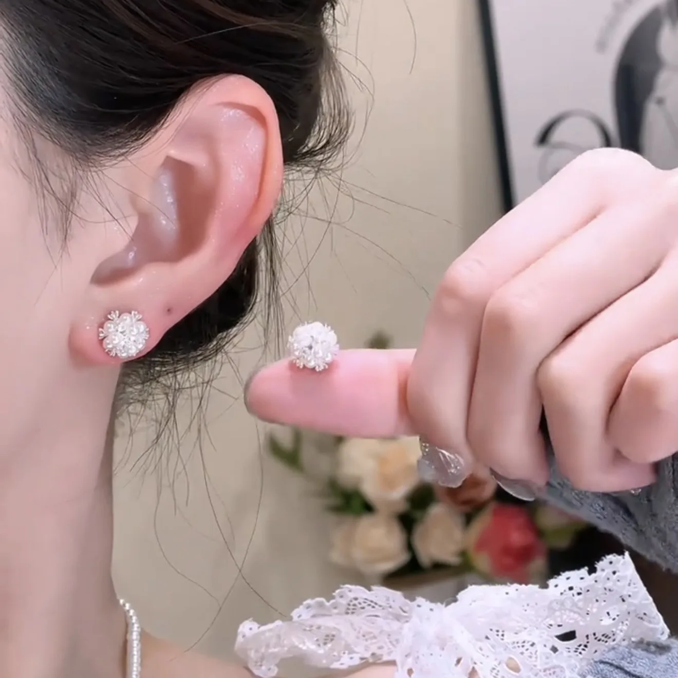 High-End Silver Needle Embroidered Ball Pearl Earrings Niche Design Light Luxury Versatile Sweet Exquisite Earrings