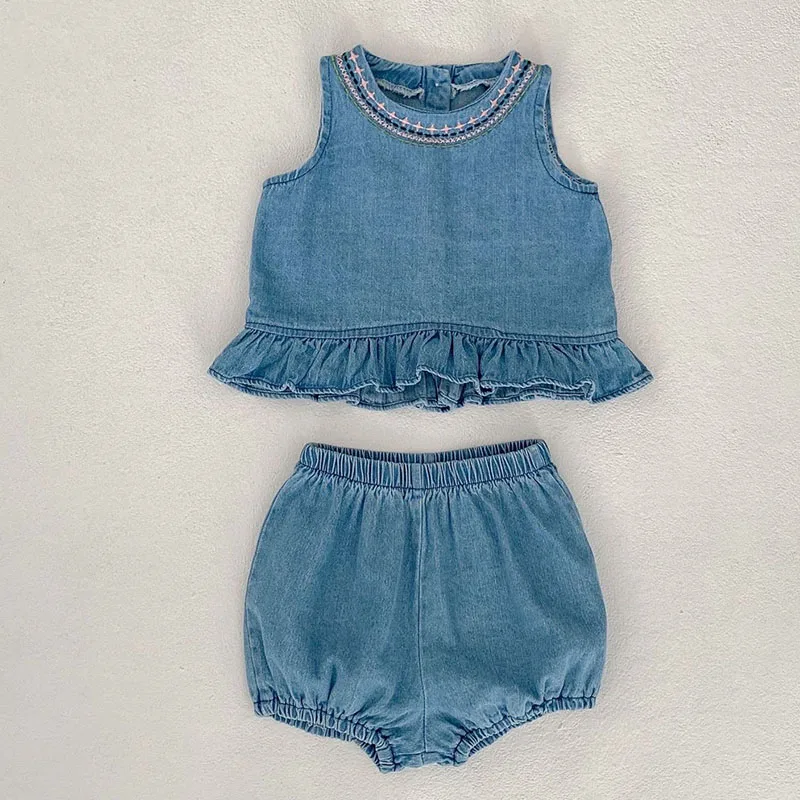 2025 neue Sommer 0-3Yrs Kinder Kleidung Anzug Ärmel Einfarbig Denim Weste + Shorts Neugeborenen Baby Mädchen Kleidung Set