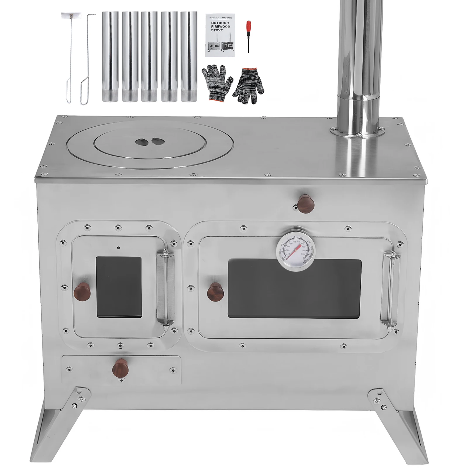 

Портативная походная печь с 4 дымоходами, дровяная печь из нержавеющей стали для обогрева и приготовления пищи на открытом воздухе, для зимней рыбалки и охоты