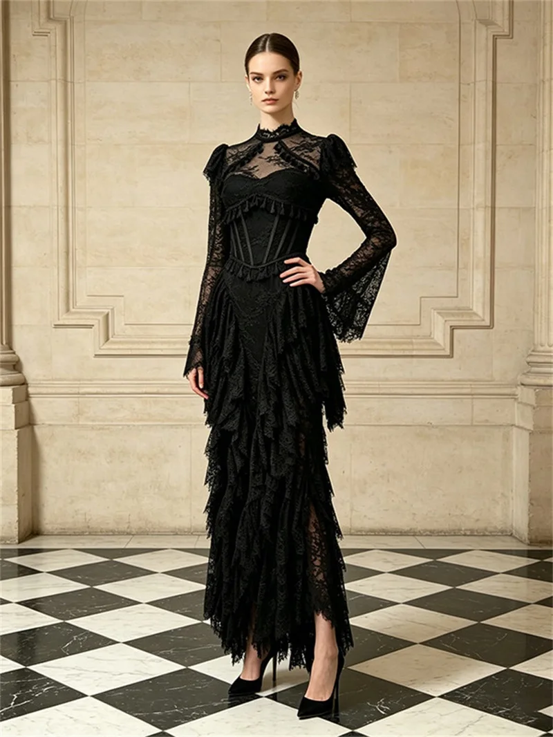 Classic Solid Lace Prom Dress High Neck Flared Sleeve Corset Slim Party Gown Floor Length Ruffle Open Back Evening Wedding Robe