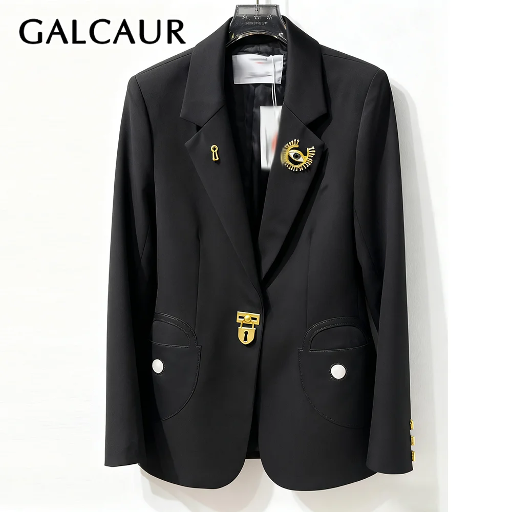 

GALCAUR Black Spliced Brooch Korean Jacket Female Lapel Long Sleeve Loose Elegant Intellectual Women's Jackets Autumn Fashion
