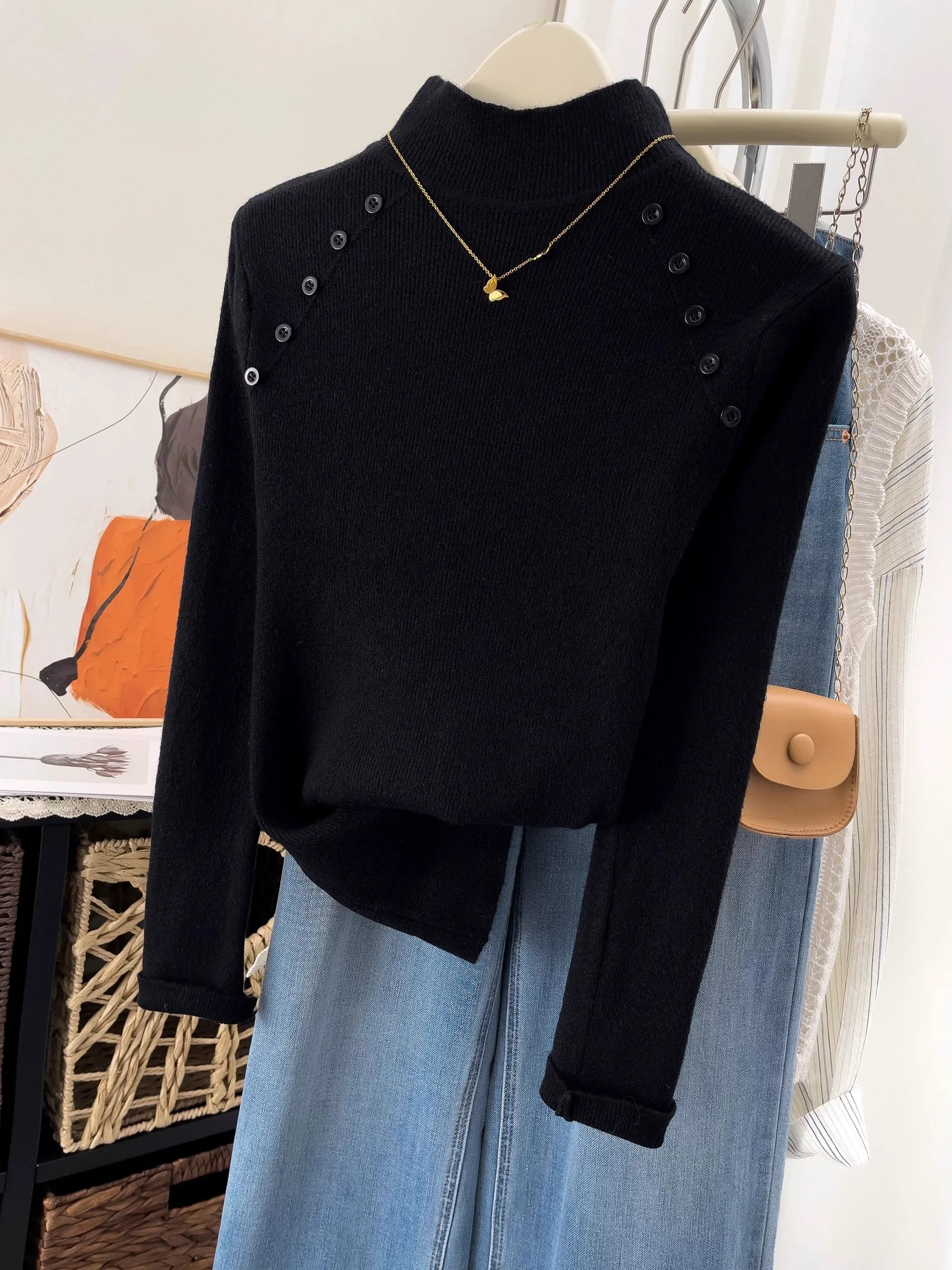 Plus Size Damen Gestrickte Lange Sve Base irt f Hoher Kragen Slim Fit Dekorative Knopf Pendeln Sle Koreanische Version Inn...