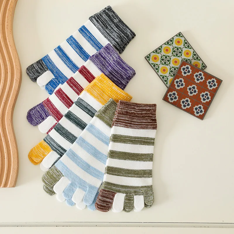 Chaussettes Courtes à Cinq Doigts pour Homme, en Coton, Rayées, Respirantes, Anti-Friction, avec Orteils, Colorées, à la Mode, Harajuku, 5 Paires