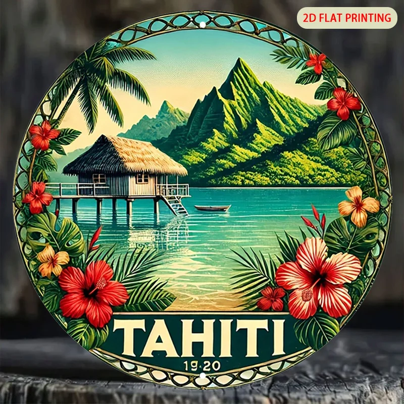 2D Flat, 2D Flat 1pc Tropical Paradise Metal Plaque,Hawaiian Style Wall Art,Island Vibes Sign, Suitable for Home, Garage, Restau