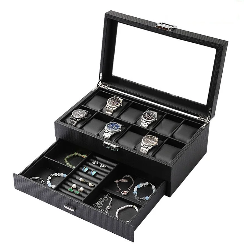 UOGE retro version PU leather double layer 12 watch jewelry multi-functional storage box box carbon fiber leather display box