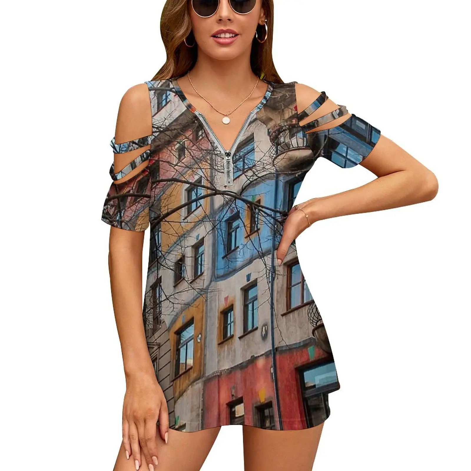 Hundertwasserhaus Fun Architecture In Vienna Women'S T-Shirt New Fashion Printed Zipper V-Neck Short Sleeve T Shirts Casual