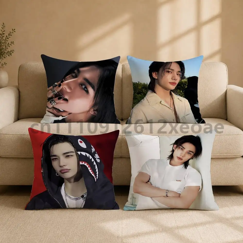 H-Hyunjin SKZ Kids S-Stray Double-Sided Printed Pillowcase Cushion Cover for Sofa Bed Couch Living Room Home Decor