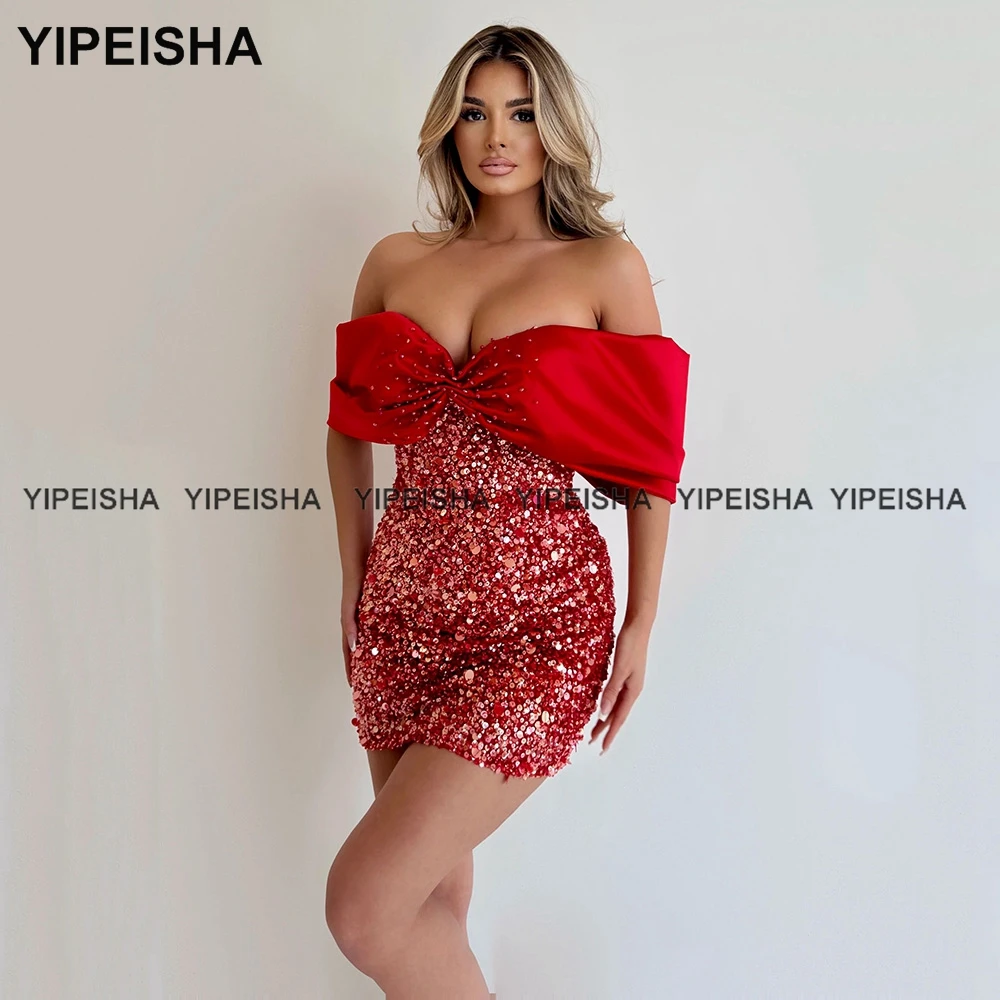 Yipeisha Sparkly Sequin Mini Red Cocktail Dresses Big Bow Off-shoulder Sheath Party Gowns Short Prom Dance Wear Homecoming