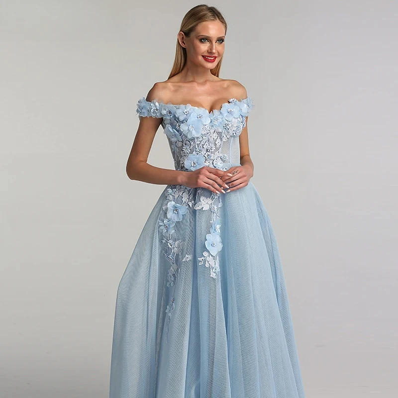 Cheap Price Off Shoulder Sleeveless Evening Prom Dresses Customized Blue A Line Evening Gowns With Handmade Flowers