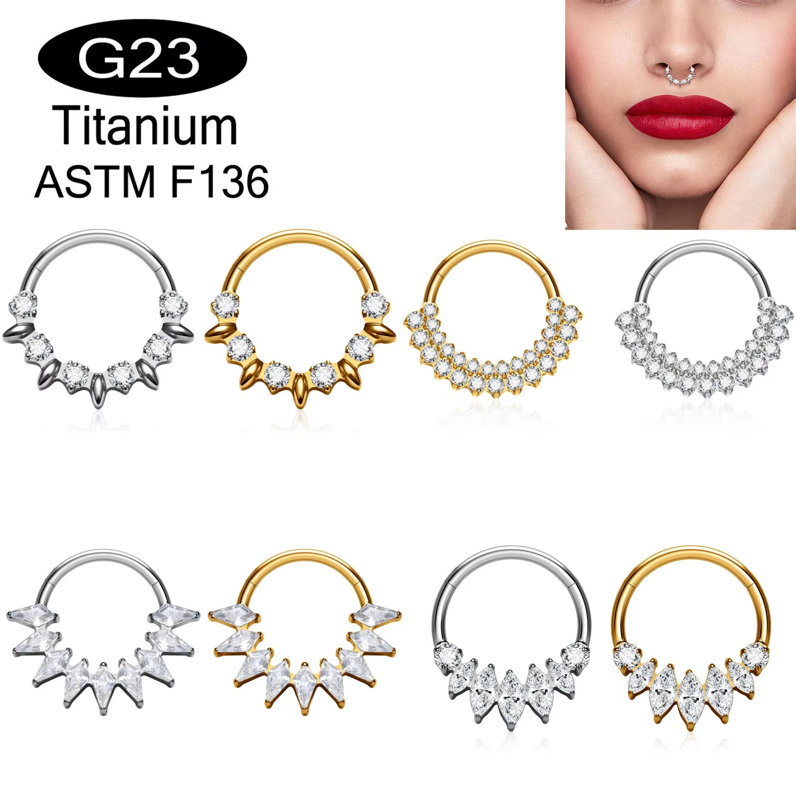 ASTM F136 G23 Titanium Septum Clicker Ring Inlaid CZ Crystal Hinged Segment Nose Helix Daith Cartilage Jewelry Body Piercing