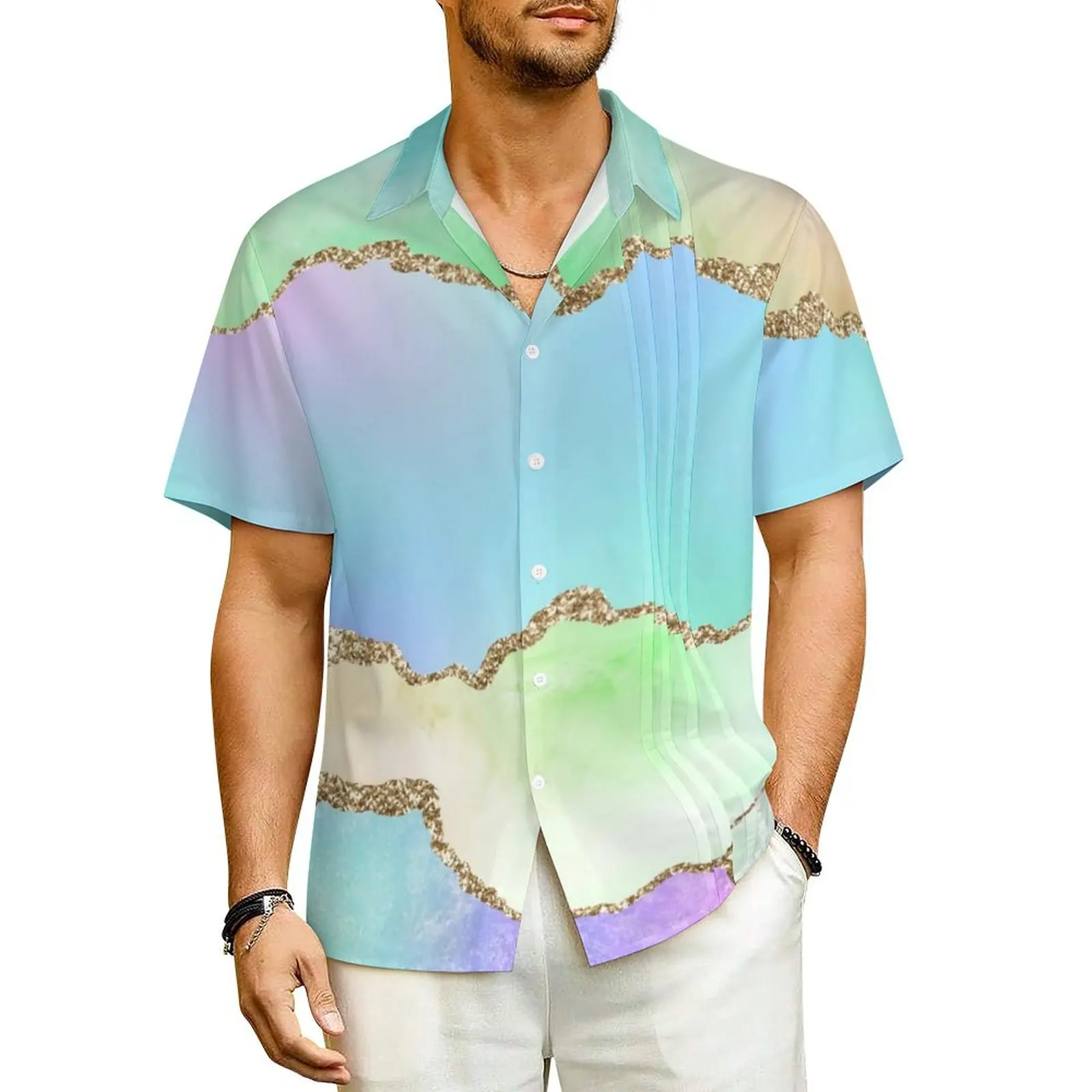 

Ombre Marble Hawaii Shirt Men Beach Metallic Gold Print Casual Shirts Short Sleeve Breathable Graphic Loose Plus Size Blouses