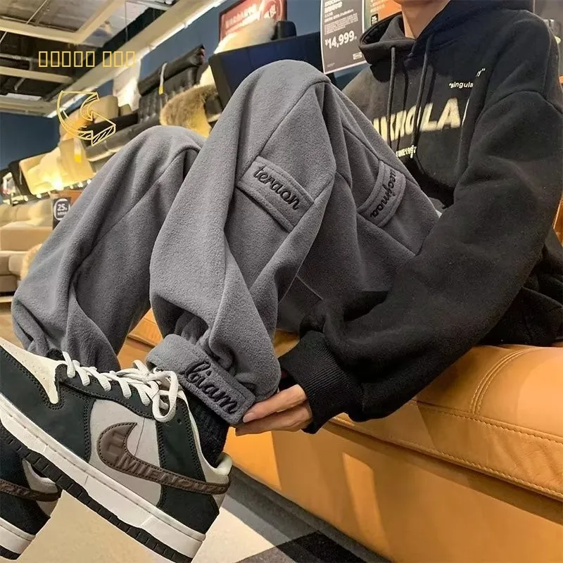 

Мужские зимние спортивные брюки из овечьей шерсти с утеплением, эластичными манжетами, в американском стиле, свободные, повседневные