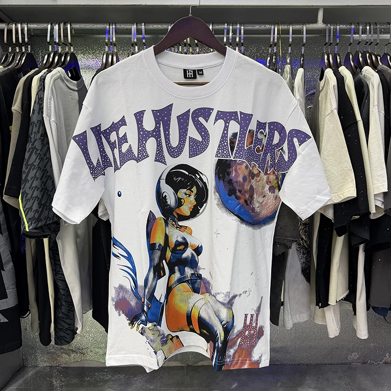 Life Hustlers Sci-Fi Space Girl Graphic T-Shirt Vintage Comic Book Print Y2K Streetwear Fashion Oversized Casual Top Men