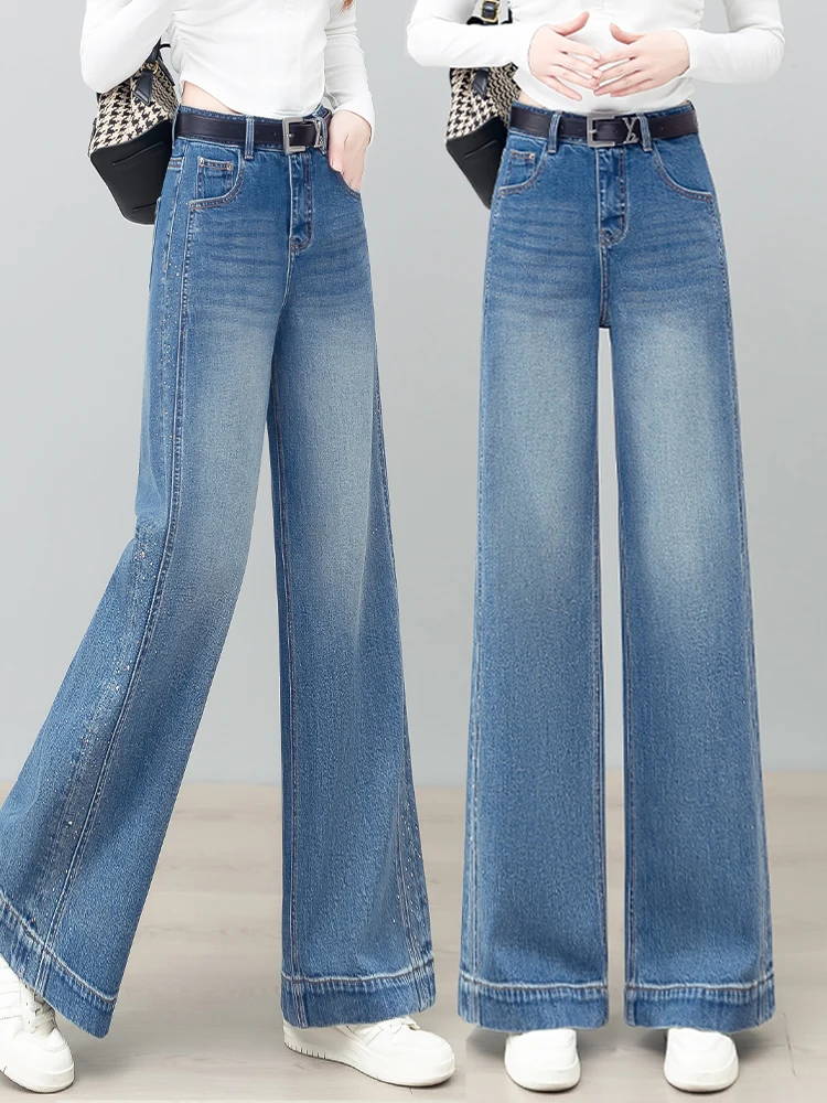 

Джинсы с высокой талией и широкими штанинами, женские, свободного кроя, повседневные, длинные, прямого силуэта, с блестками, весна-осень, новый стиль