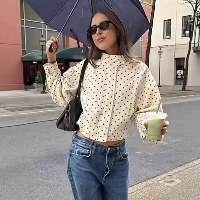 

Polka Dot Stand Neck Short Jackets Women Fashion Long Sleeve Patchwork Contrast Slim Coats Casual Lady Street Commute Outerwear