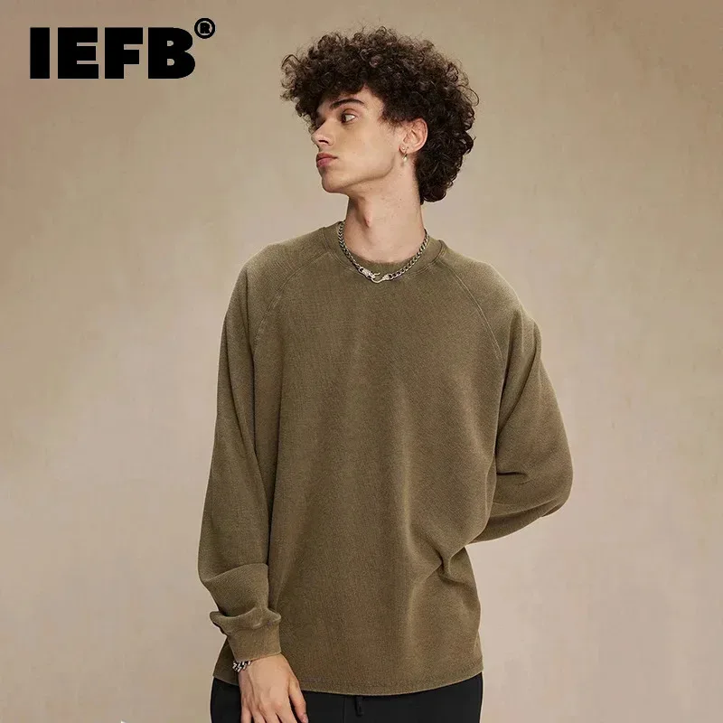 IEFB Batik Washed Men's T-shirts Solid Color O-neck Long Sleeve Worn-out Vintage Loose Menswear Pullover Male Tees 2025 9W119