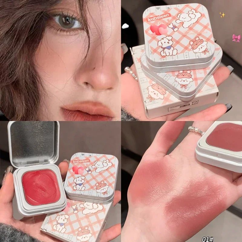 Creme Blush Multi-função, Natural Cheek Face Rouge, Cute Iron Box Blush, Renderização de cor alta de lama, tom de pele brilhante suave