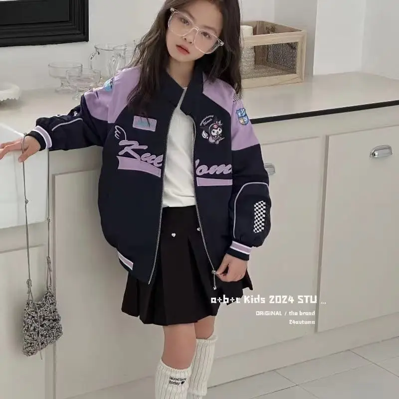 Cute Cinnamoroll Girls Korean Style Loose Coat Cartoon Sanrios Kuromi Kids Fashion Letter Jacket Motorcycle Jacket Spring Autumn